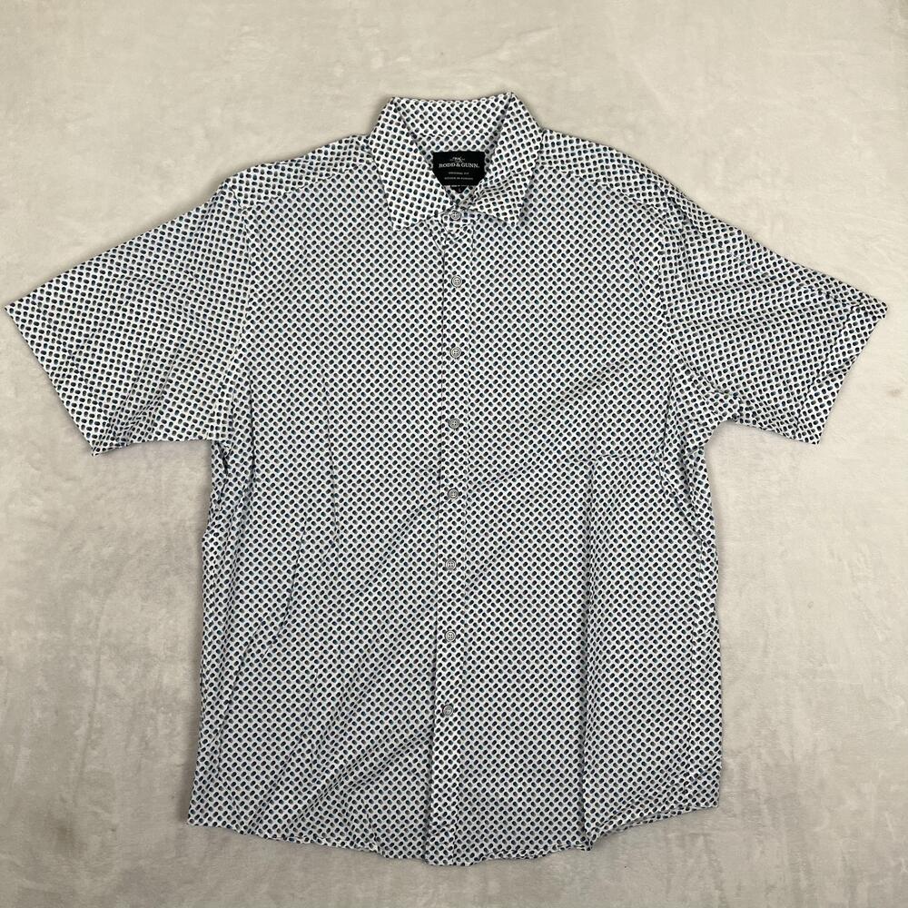 Rodd & Gunn Shirt Mens Large White Blue Polka Dot Short Sleeve Button Front